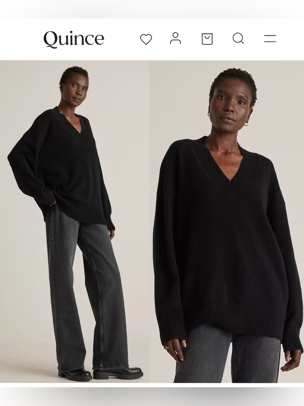 Quince Mongolian Cashmere Oversized V-Neck Sweater Black XL Quiet Luxury